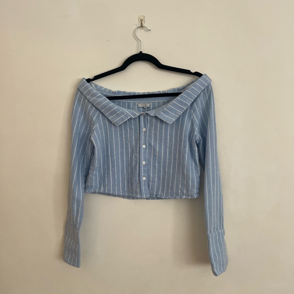 Tobi Blue Striped Off-Shoulder Button Down Shirt